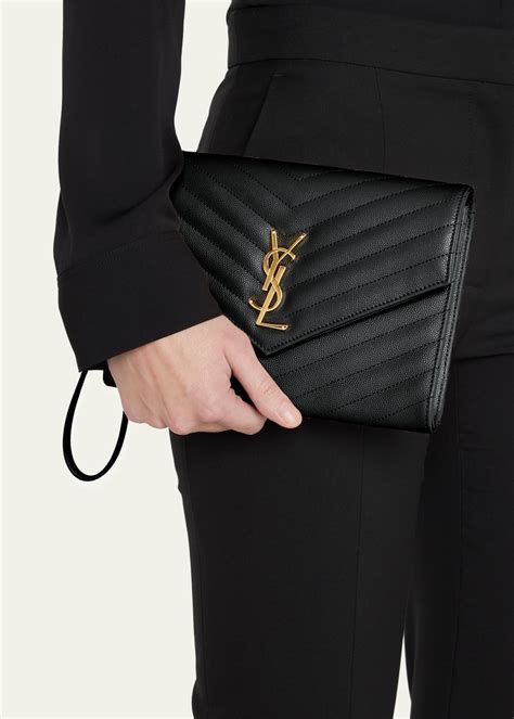 Saint Laurent YSL Monogram Flap Clutch Bag in Grained Leather